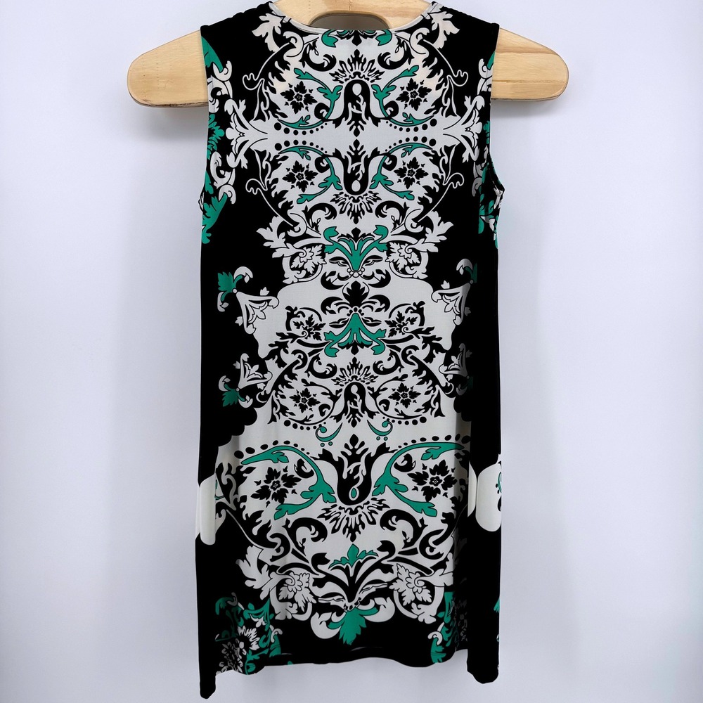 Blooming Rose Shift Dress Women Large Black Green White Damask Keyhole Bar Neck - Picture 2 of 6